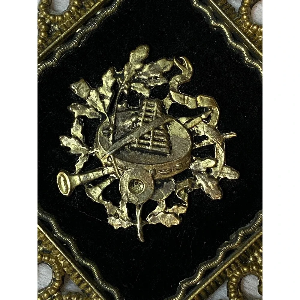 MID CENTURY FILIGREE ORMOLU METAL MUSIC WALL PLAQUE BLACK VELVET FRENCH STYLE